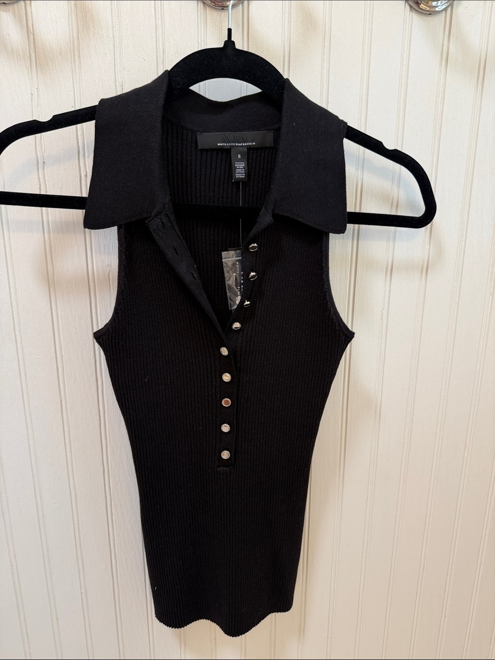 White House black market Black Ribbed Sleeveless Polo Tank with Button Placket